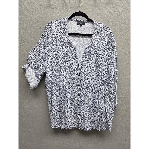 Cynthia Rowley Shirt Womens 2X Blue White Floral Button Down Rayon Blouse Top - Picture 1 of 10